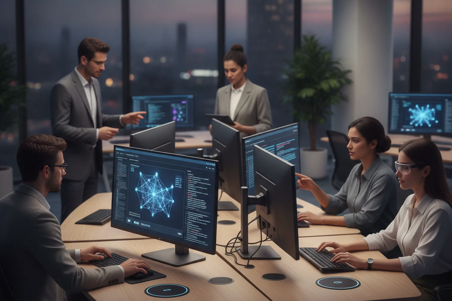 Engineering team working on AI model integration for cloud platform