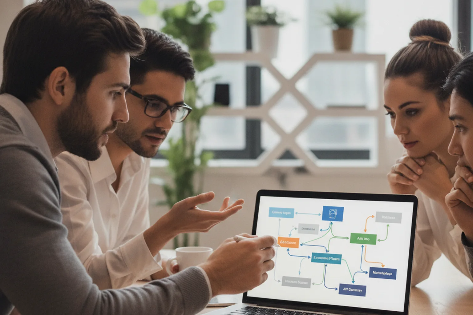 Development team reviewing cloud marketplace integration architecture on a laptop