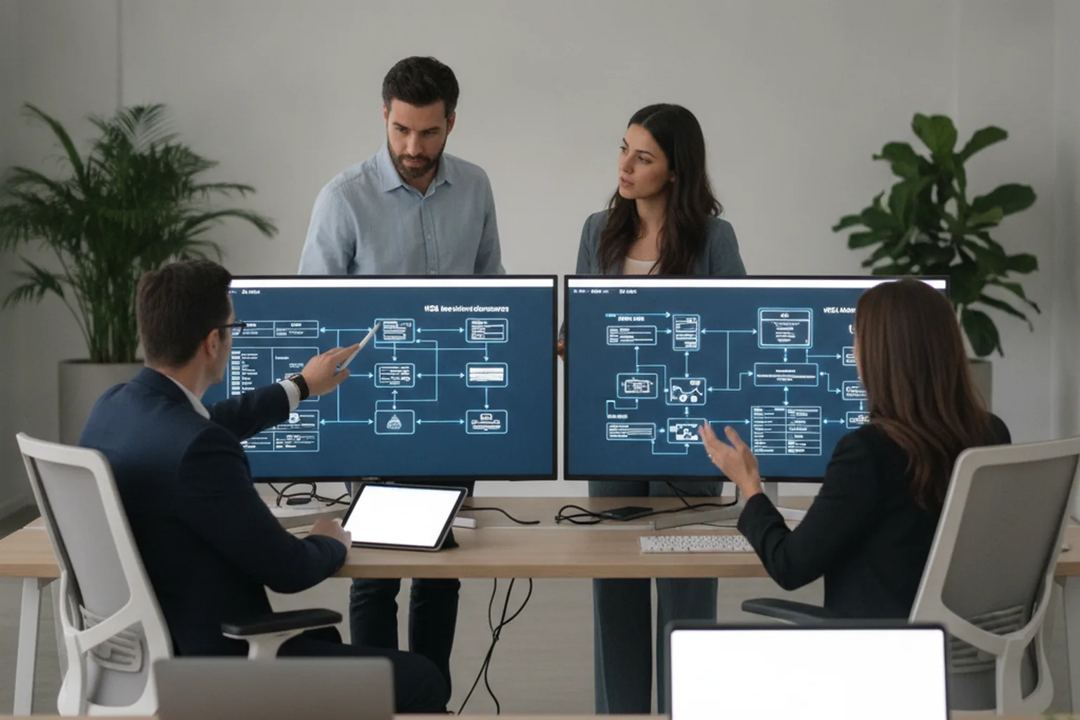 Development team reviewing mobile app architecture on large monitor screens in modern office