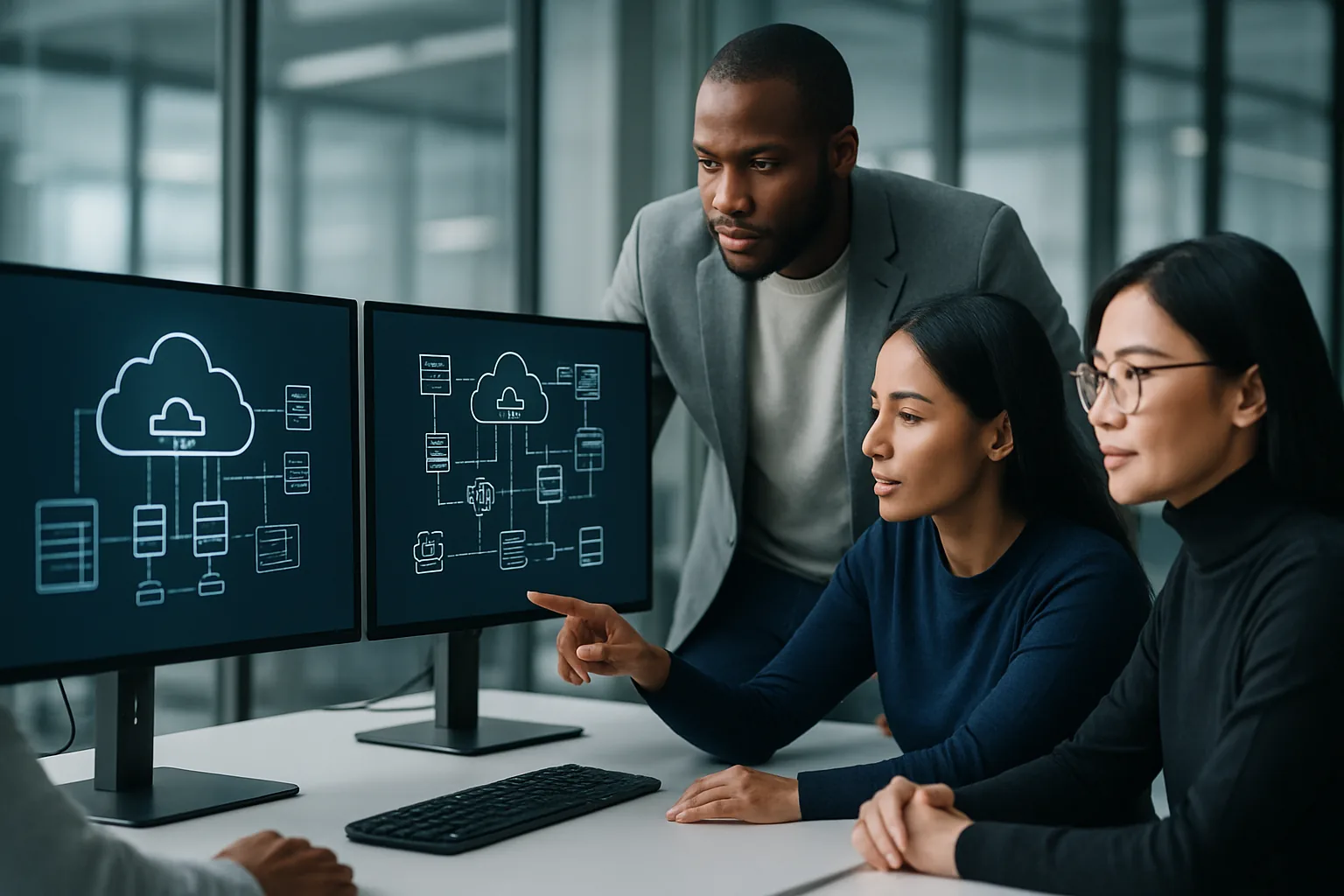 Software development team reviewing cloud architecture diagrams