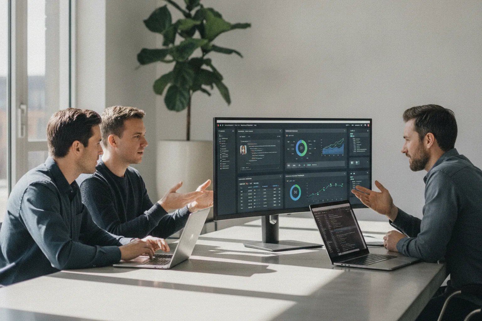 Software developers reviewing a partner portal dashboard interface on a large monitor